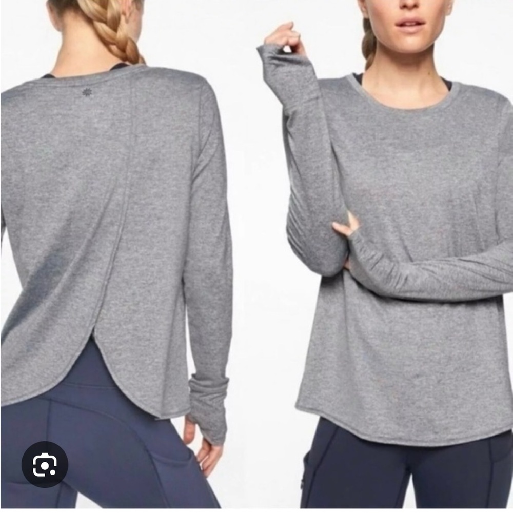 Athleta Gray Heather Sunlover Workout Long Sleeve UPF Tulip Back Top